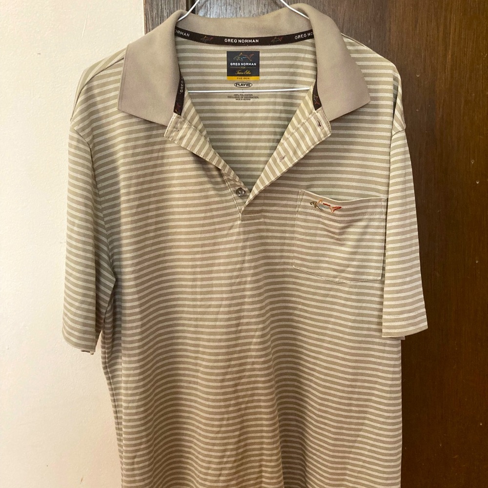Greg Norman Vintage White & Beige Polo Shirt  Adult Mens Size Large Shark Logo